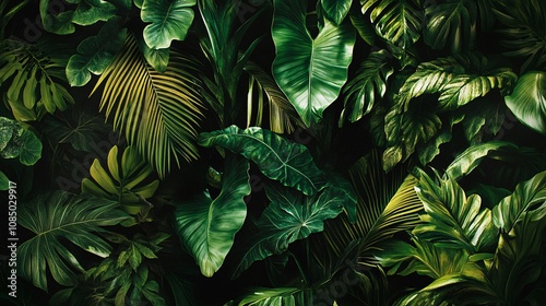 Fototapeta Naklejka Na Ścianę i Meble -  11.A lush jungle scene filled with large, tropical leaves in rich green hues. The background is a dense thicket of oversized foliage, with details of birds perched amidst the greenery. Vines and