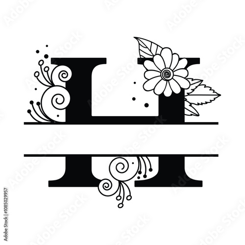 Customizable Elegant Floral Alphabet H, Black and White Botanical Letter Monogram Design