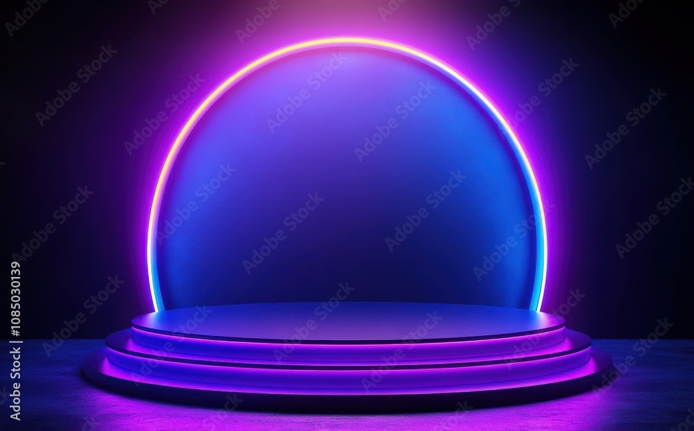 Modern neon lit arch on a purple podium with dark background Modern neon lit arch on a purple podium with dark background
