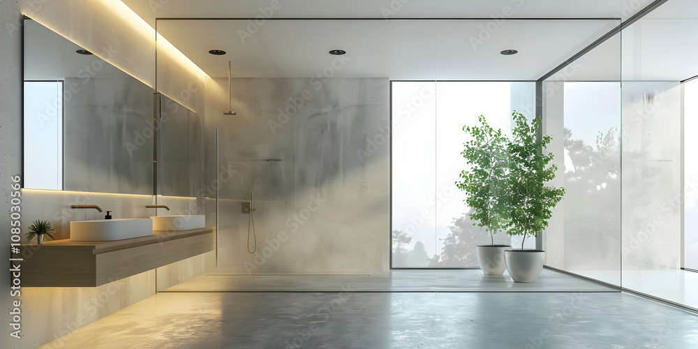 Fototapeta premium Modern Bathroom Interior Design with Concrete Walls and Large Windows - 3D Rendering