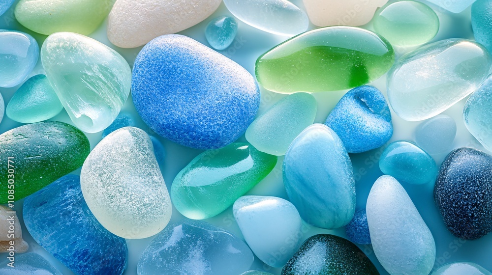 23.Shiny pieces of blue and green sea glass, mixed with smooth, multi-colored pebbles, are scattered across a sunlit beach. The textures of the polished glass contrast with the rougher stones,