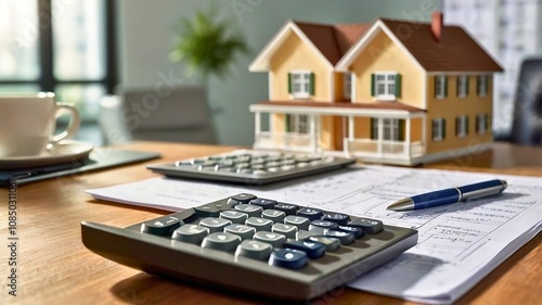.House with Calculator. Calculator with house model Calculations and planning when buying property Mortgage, rent and real estate concept	
