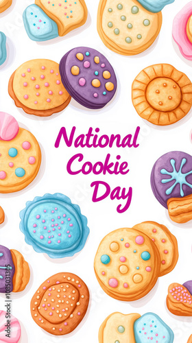 Colorful watercolor illustration celebrating National Cookie Day with various decorated cookies displayed on a vibrant background