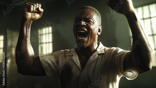 Black male prisoner. Copy space. Happily fist pumping.