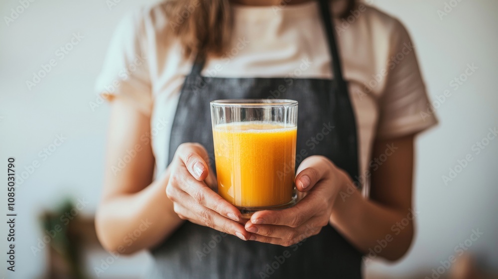A woman holding a glass of fresh orange juice in a cozy kitchen, enjoying a refreshing drink on a sunny morning A woman holding a glass of fresh orange juice in a cozy kitchen, enjoying a refreshing drink on a sunny morning