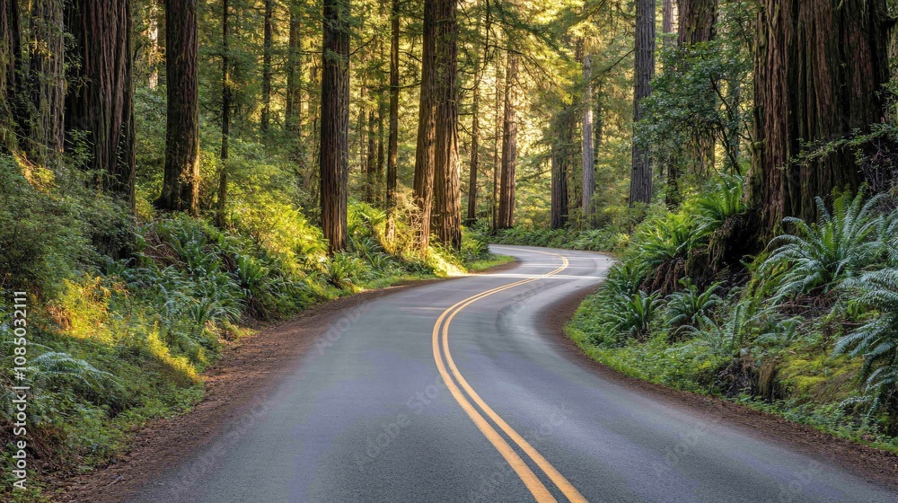 28.A tranquil scene of a two-lane road winding through the heart of the Redwood National Forest. The massive redwood trees tower over the road, their bark rough and textured, reaching up to the sky. 28.A tranquil scene of a two-lane road winding through the heart of the Redwood National Forest. The massive redwood trees tower over the road, their bark rough and textured, reaching up to the sky.