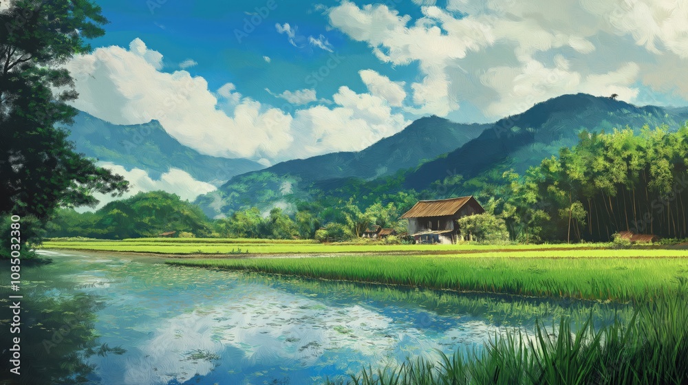 Fototapeta premium Paddy field, rice, hills in the background
