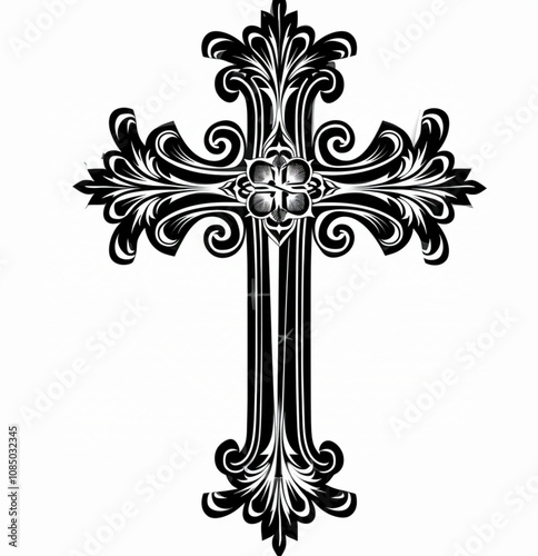 cross black and white with  from the hood, only deferent designs in it religious, white background. photo