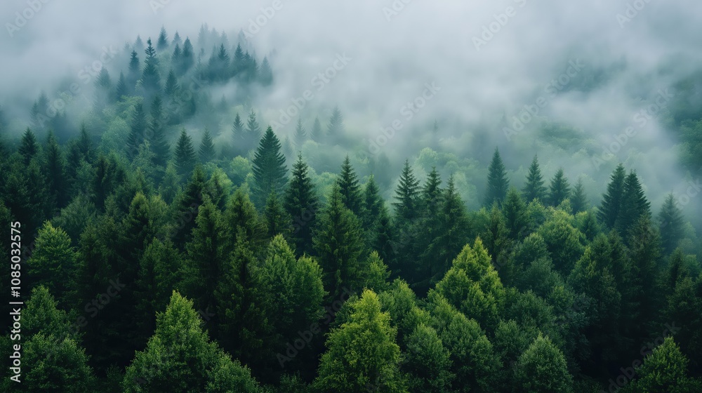 Fototapeta premium Aerial view of hills with lush green trees and plants with clouds 
