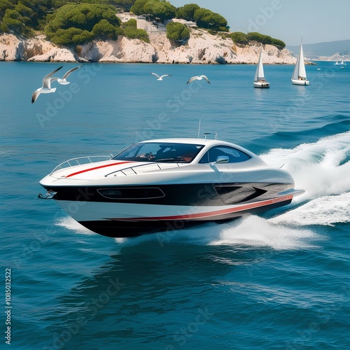 Cool looking Speedboat on the sea, nice color shape, front view, travel tools.
