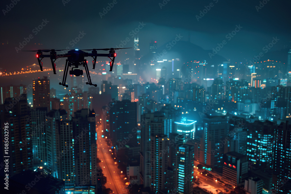Drone flying in sky over beautiful nature during observation from top Drone flying in sky over beautiful nature during observation from top