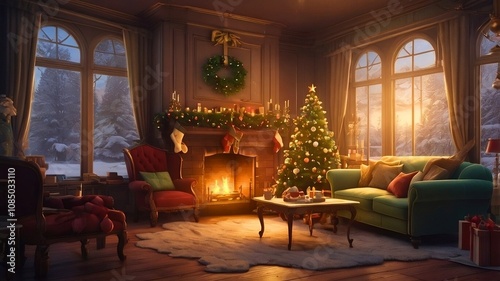 A cozy living room decorated for Christmas, with a fireplace, Christmas tree, and presents.	
