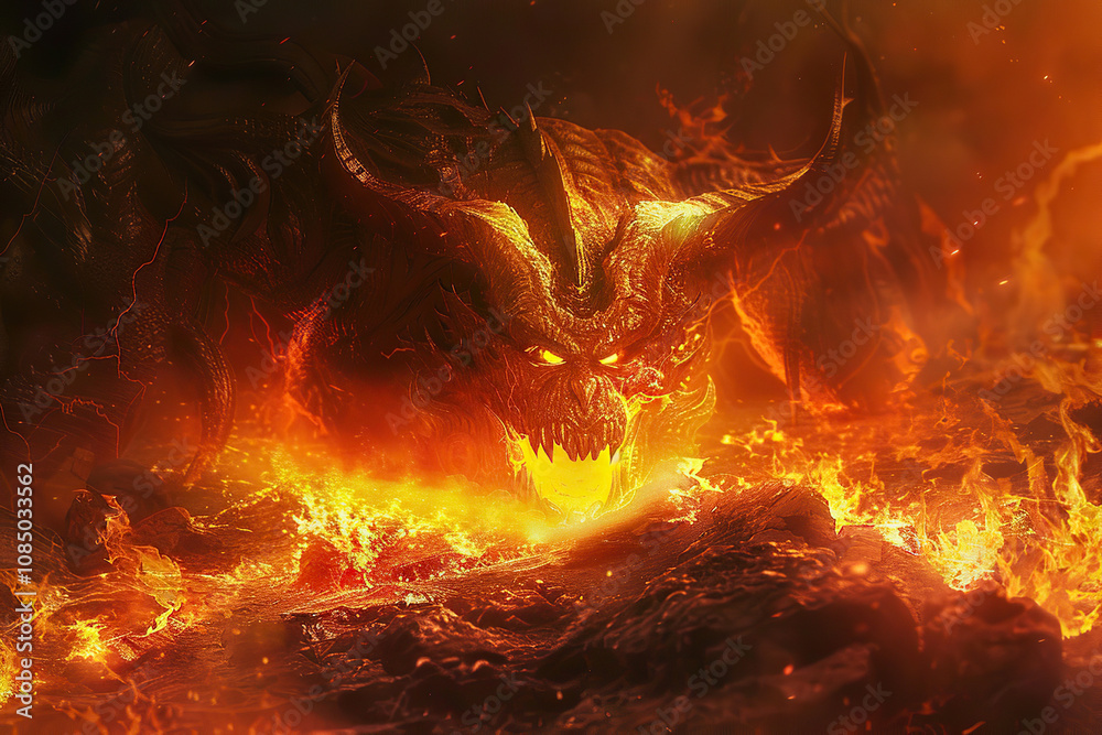Scary sinister devil is in hell with dramatic fire lighting Scary sinister devil is in hell with dramatic fire lighting
