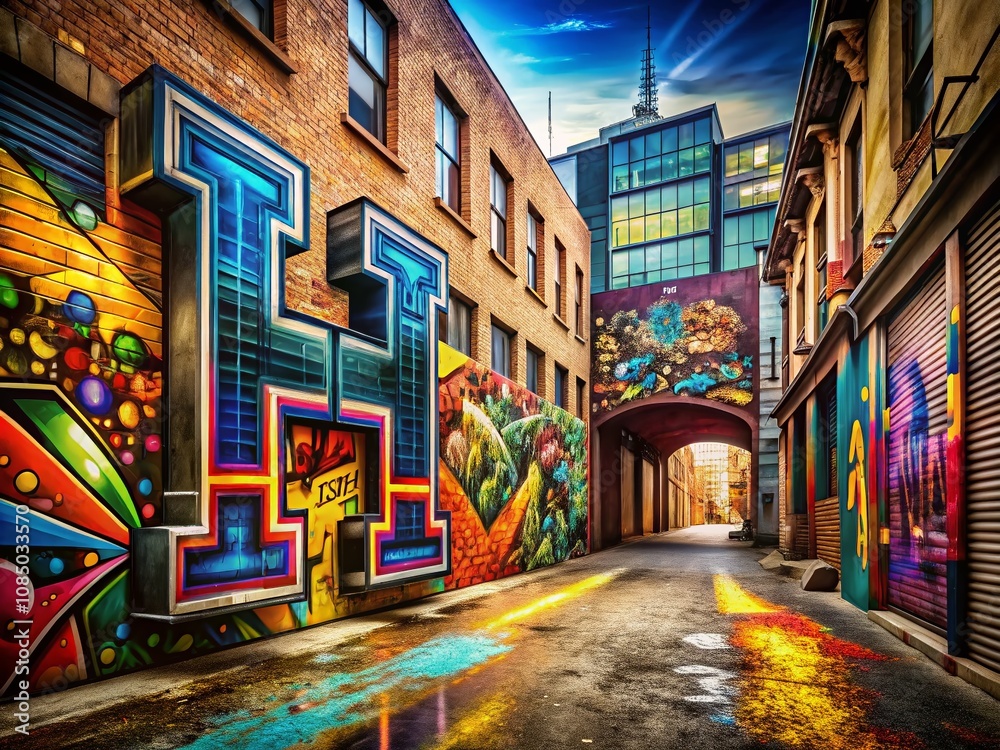 Naklejka premium Fancy Letter H Logo Design in an Urban Exploration Setting with Graffiti Walls and Modern Architecture, Showcasing Creativity and Street Art Vibes
