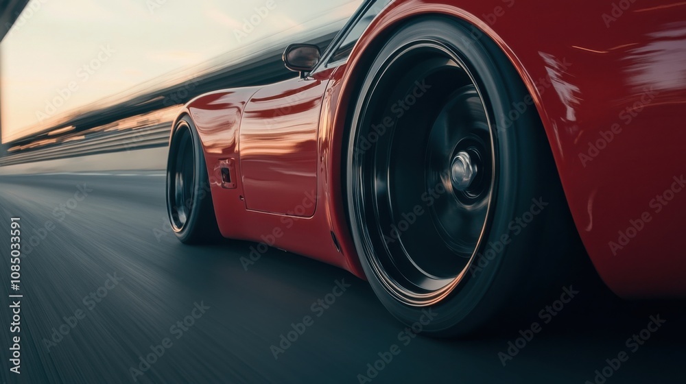 Close-up of a fast sports car tire in motion, creating a dynamic blur on the highway Close-up of a fast sports car tire in motion, creating a dynamic blur on the highway