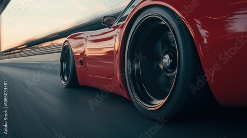 Close-up of a fast sports car tire in motion, creating a dynamic blur on the highway