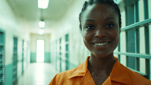 Black female prisoner. Copy space. Smiling.