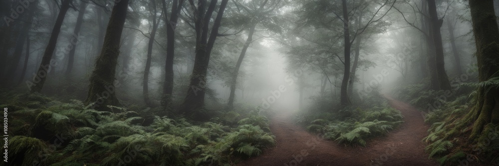 Naklejka premium Misty forest path leads to a mysterious adventure