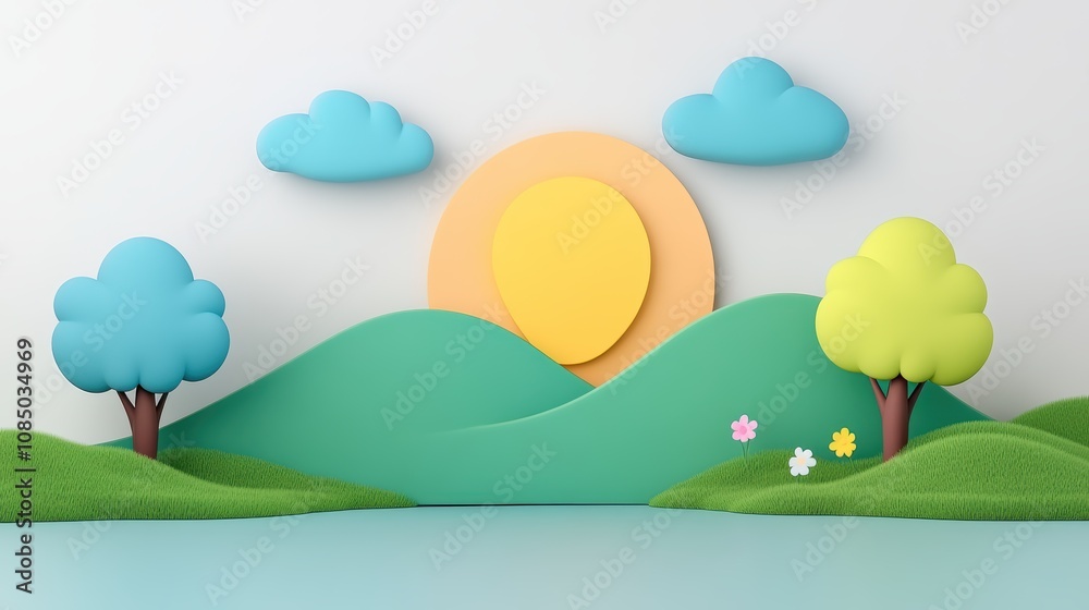 Obraz premium Idyllic Cartoon Landscape Sun Clouds Trees Hills Flowers Nature Spring Childrens Background Design