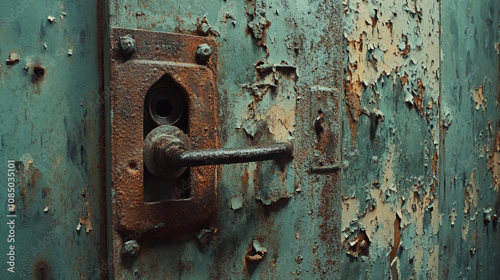 A close-up of a rusted cell door with a heavy lock and peeling paint, capturing the passage of time and neglect in a prison environment A close-up of a rusted cell door with a heavy lock and peeling paint, capturing the passage of time and neglect in a prison environment
