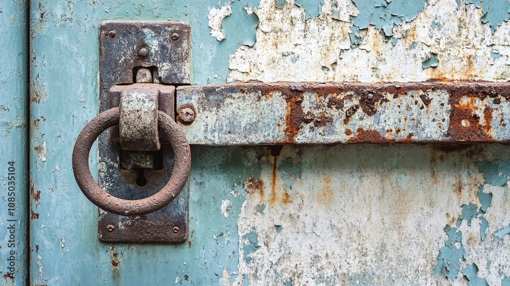 A close-up of a rusted cell door with a heavy lock and peeling paint, capturing the passage of time and neglect in a prison environment A close-up of a rusted cell door with a heavy lock and peeling paint, capturing the passage of time and neglect in a prison environment