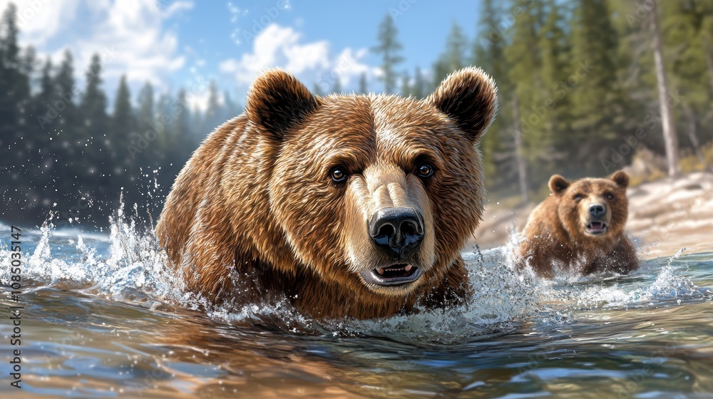 Grizzly Bears Swimming in River Wildlife Nature Scene Brown Bears Forest Grizzly Bears Swimming in River Wildlife Nature Scene Brown Bears Forest