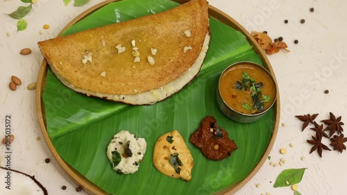 Garlic dosa served with chutney and sambhar on banana leaf, south indian food