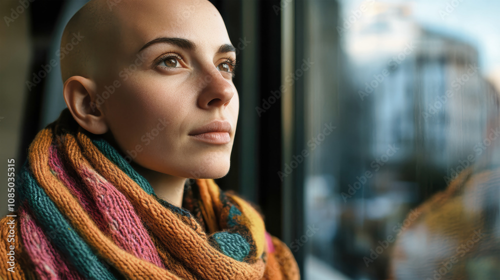A bald woman looks out of a hospital window, wrapped in a colorful scarf and sweater after chemotherapy treatment A bald woman looks out of a hospital window, wrapped in a colorful scarf and sweater after chemotherapy treatment