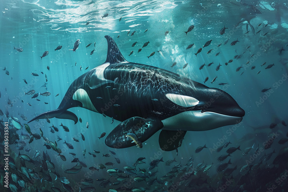 Fototapeta premium Fantastically beautiful majestic huge whale in deep ocean