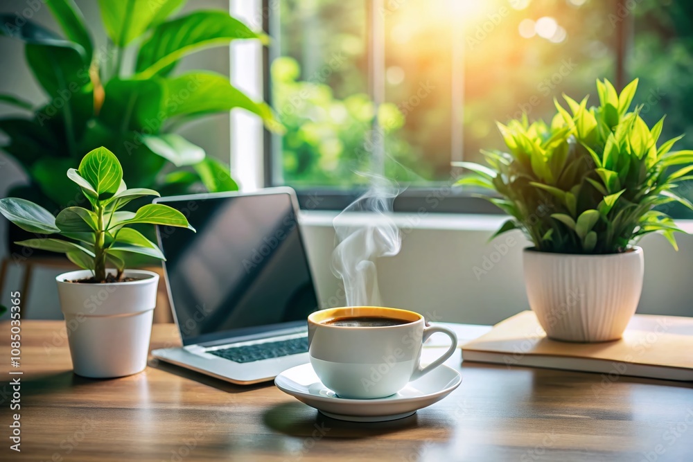 Fresh Start Concept with Coffee and Plant on Minimalist Desk for New Beginnings and Modern Lifestyle, Symbolizing Productivity and Serenity in a Contemporary Workspace Fresh Start Concept with Coffee and Plant on Minimalist Desk for New Beginnings and Modern Lifestyle, Symbolizing Productivity and Serenity in a Contemporary Workspace
