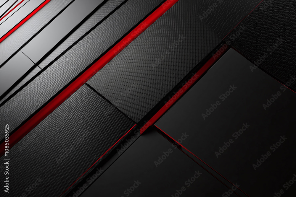 Futuristic Red and Black Abstract Design with Geometric Lines and Metallic Accents