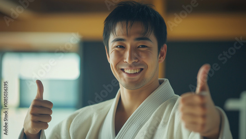 Asian male Judo athletes. Martial arts athletes of East Asian origin, including Judo, Karate, and Taekwondo. Copy space. Smiling and giving a thumbs up. photo