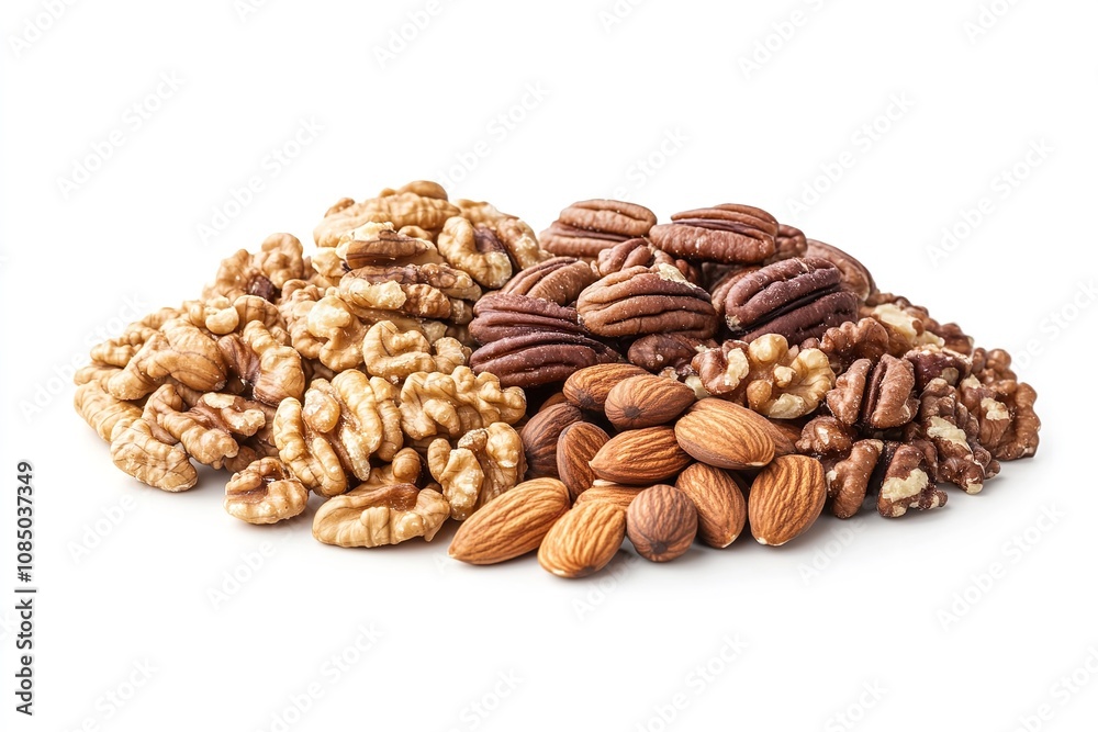 Almonds, walnuts, pecans, and mixed nuts on a white backdrop. Generative Ai Almonds, walnuts, pecans, and mixed nuts on a white backdrop. Generative Ai