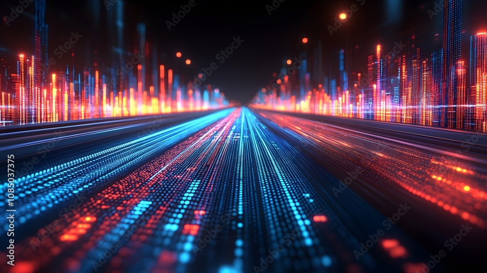 Upward stock market graph with blurred highway traffic, futuristic financial data overlay, high-speed urban scene, vibrant lights, 3D render Upward stock market graph with blurred highway traffic, futuristic financial data overlay, high-speed urban scene, vibrant lights, 3D render