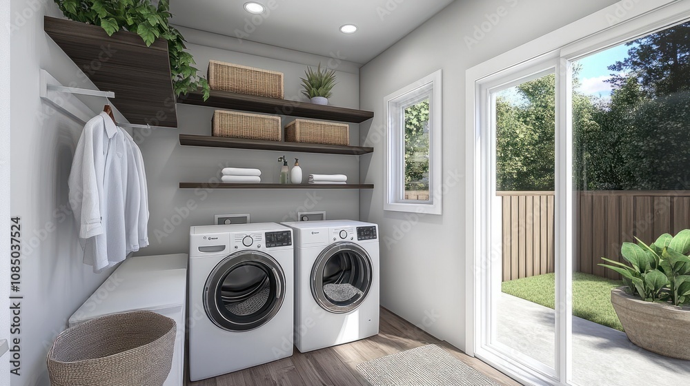Minimalist laundry room with organized shelving, plants, and front-loading machines Minimalist laundry room with organized shelving, plants, and front-loading machines