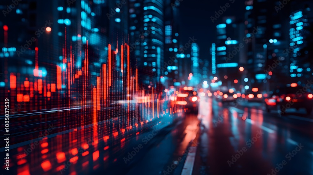 Fototapeta premium Stock market uptrend graph with blurred urban traffic in the background, modern economic visuals, fast-paced energy, 3D rendering
