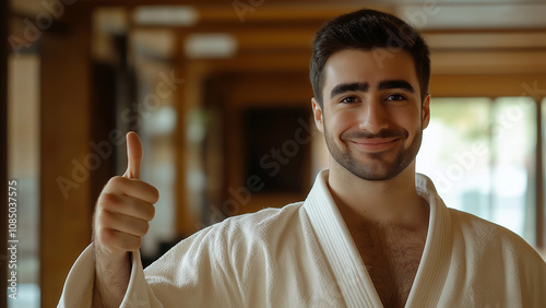 White male Judo athletes. Martial arts athletes of East Asian origin, including Judo, Karate, and Taekwondo. Copy space. Smiling and giving a thumbs up. photo