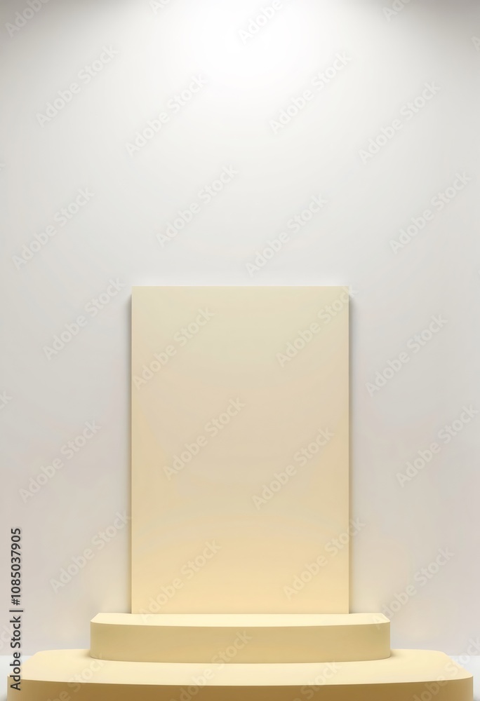A simple, minimalist product display with a cream colored, two-tiered platform against a white background with soft lighting. A simple, minimalist product display with a cream colored, two-tiered platform against a white background with soft lighting.