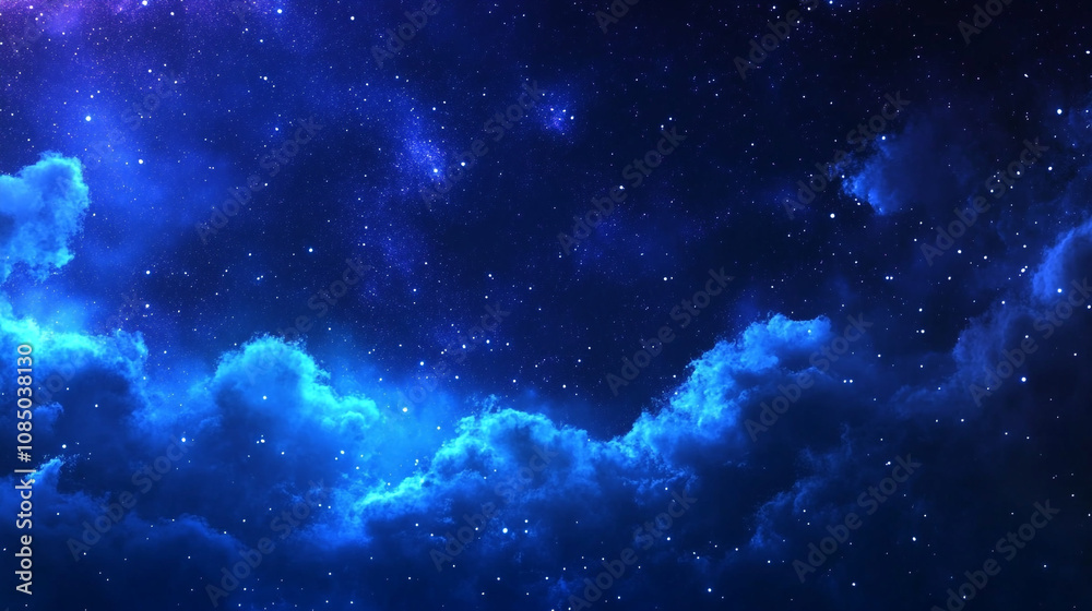 Fototapeta premium A beautiful night sky filled with stars and vibrant blue clouds over a peaceful landscape