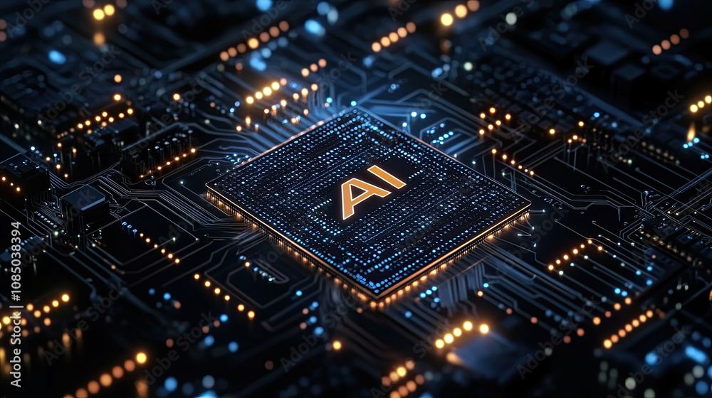 An orange circuit board with a black chip that says AI on it. An orange circuit board with a black chip that says AI on it.