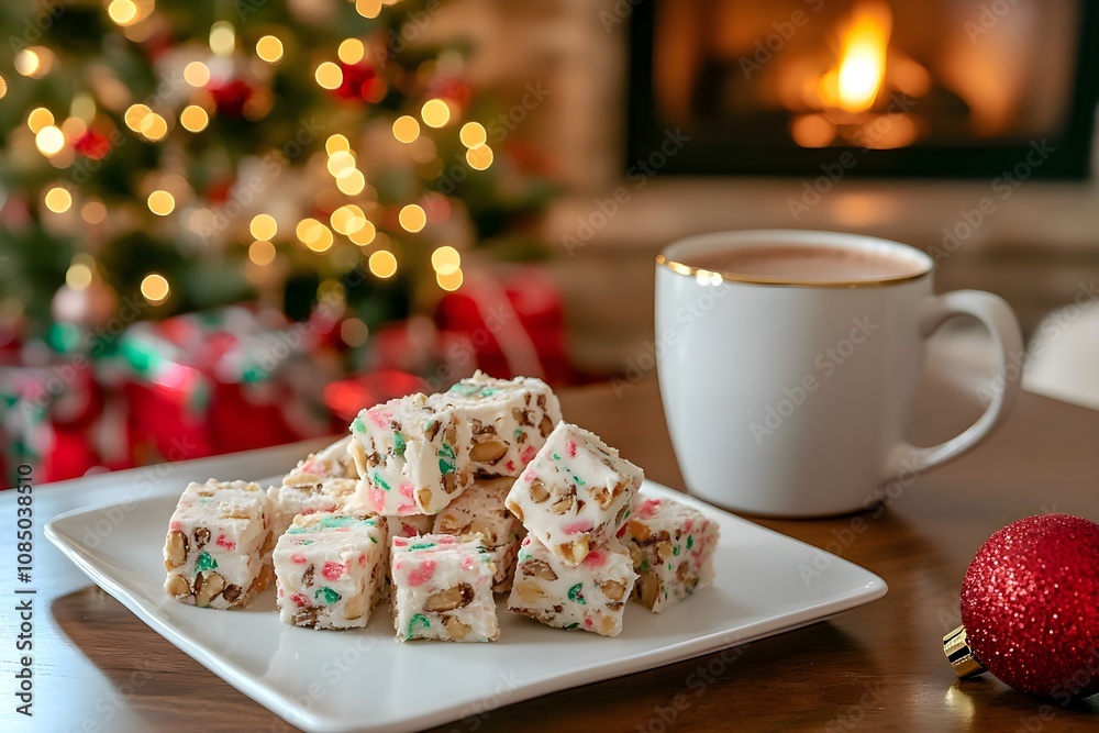 Nougat chunks with almonds and honey on a white plate, festive table decor, hot chocolate, glowing Christmas tree, twinkling lights, and a cozy chimney Nougat chunks with almonds and honey on a white plate, festive table decor, hot chocolate, glowing Christmas tree, twinkling lights, and a cozy chimney