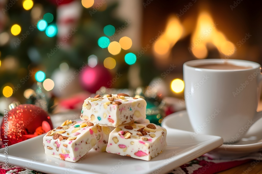 Nougat chunks with almonds and honey on a white plate, festive table decor, hot chocolate, glowing Christmas tree, twinkling lights, and a cozy chimney Nougat chunks with almonds and honey on a white plate, festive table decor, hot chocolate, glowing Christmas tree, twinkling lights, and a cozy chimney