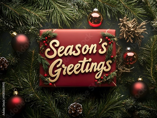 Festive Holiday Season's Greetings Card Surrounded by Pine, Ornaments, and Natural Decorations for Joyful Winter Celebrations and Merry Gatherings