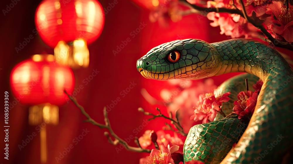 Green snake, red background, lanterns and flowers, Chinese New Year concept. Green snake, red background, lanterns and flowers, Chinese New Year concept.