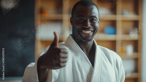 Black male Judo athletes. Martial arts athletes of East Asian origin, including Judo, Karate, and Taekwondo. Copy space. Smiling and giving a thumbs up. photo