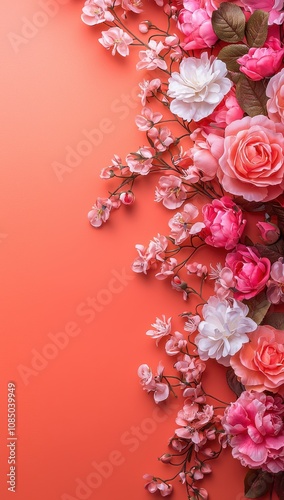 Wallpaper Mural Beautiful floral arrangement of vibrant pink and white roses with delicate baby's breath on a coral background for aesthetic mobile phone wallpaper Torontodigital.ca