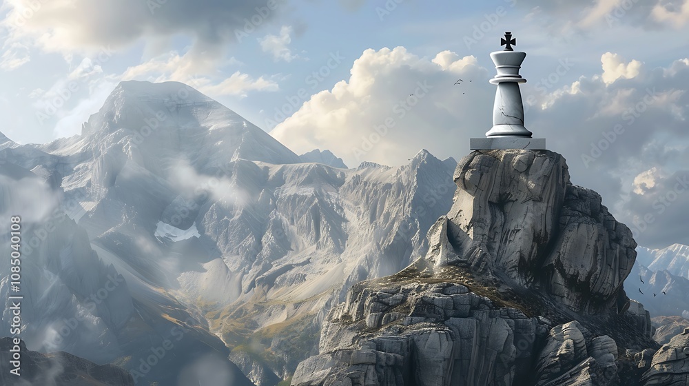 A towering chess piece stands majestically on a rocky peak, surrounded by dramatic mountains and clouds. A towering chess piece stands majestically on a rocky peak, surrounded by dramatic mountains and clouds.