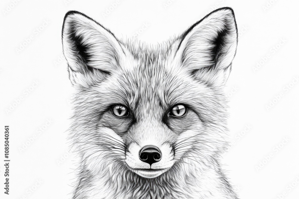 Naklejka premium Black and White Fox Drawing