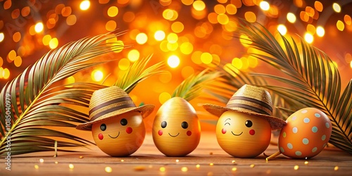Long Exposure Capture of Golden Palm Leaves Against a Vibrant Orange Background with Easter Themed Colorful Eggs and Whimsical Family Characters Celebrating the Holiday Spirit