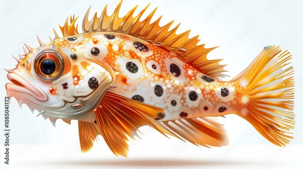 Fototapeta premium Colorful cartoon fish with orange fins and white body, isolated on white.
